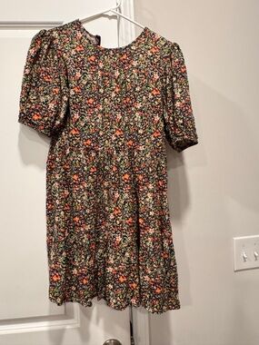 Miss Selfridge Floral Puff-Sleeve Mini Dress - Black with Orange & Green Flowers